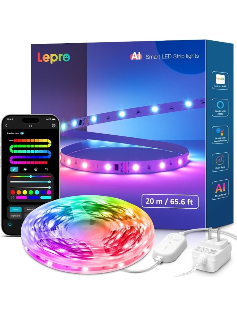 65.6FT Smart LED Strip Lights with IC, WiFi & Bluetooth - Color Changing